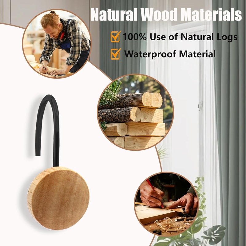 JTDTH Shower Curtain Hooks, Wood Decorative Shower Curtain Rings, Modern Round Log Shower Curtain Hangers, 12PCS Shower Hooks for Shower Curtain Rod, Bedroom, Living Room (Black 1) - Image 2